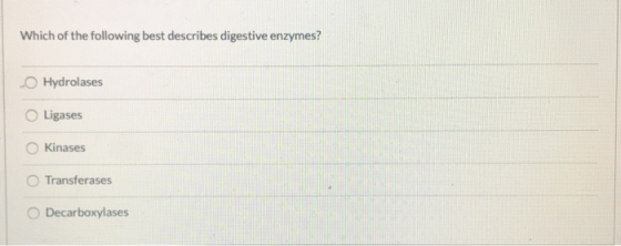 Which of the following best describes digestive enzymes? O Hydrolases OLigases Kinases Transferases Decarboxylases