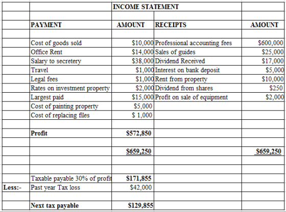 INCOME STATEMENT PAYMENT RECEIPTS AMOUNT AMQUNT $10,000 Professional accounting fees $14,000 Sales of guides $38,000 Dividend