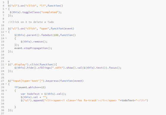 (ul).on(click, li,function () 5 $(this).toggleclass (completed); 6 7 8 /click on X to delete a Todo 10 (ul).on(cli