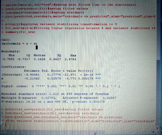 abline (lm(y-x),col=red) tadding best fitted 1ine to the scatterplot predicted predict (fit) tsaving fitted values residual