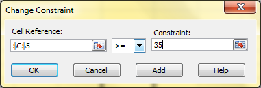 Change Constraint Cell Reference: Constraint: $C$5 Cancel Add Help OK