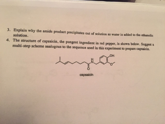 Explain why the amide product precipitates out of solution as water is added to the ethanolic solution. 3. 4. The structure o