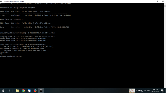 2cmd.exe Other Interface 31: Npcap Loopback Adapter Addr Type DAD State Valid Life Pref. Life Address Other Interface 23: Eth