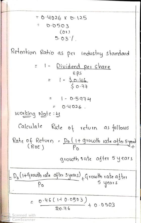 : 0.650 3 5.o3 Retention Rathio as per industry stardard Dividend pi share tU E PS Working Note: Calcula le Rale return as fo