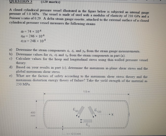 QUESTION 3 (TZU marks) subjected an internal gauge modulus of elasticity of 210 GPa and a A closed cylindrical pressure vesse