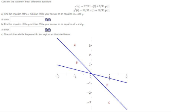 Consider the system of linear differential equations z,(t)-17/11 z(t) + 9/11 y(t) y,(t)-18/11 z(t) + 38/11 y(t) a) Find the e