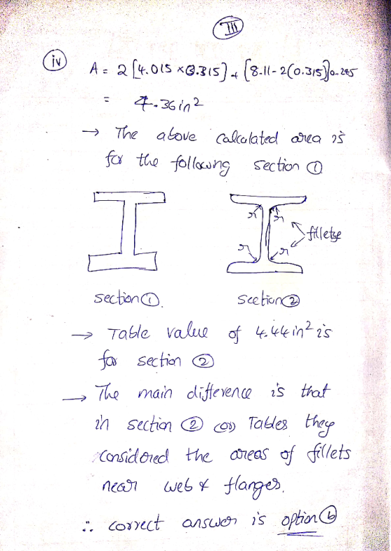 A 2 t.05 x35) (8.1-20.35o.5 4.36in2 The above Cakalated aea fa the follang Section D filete sectanO Suetan Table Value of 4