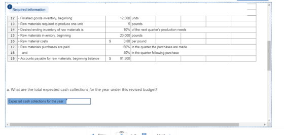 Required information 12Finished goods inventory, beginning 13Raw materials required to produce one unit 14Desired ending inve