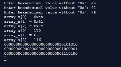Enter hexadecimal value without Ox: aa Enter hexadecimal value without Ox: 41 Enter hexadecimal value without Ox: 74 ar