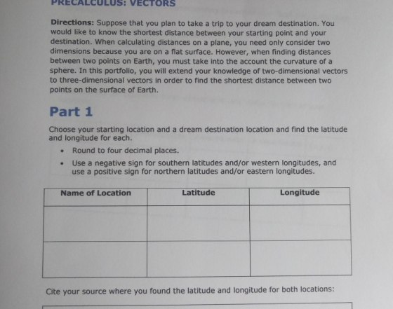 PRECALCULUS: VECTORS Directions: Suppose that you plan to take a trip to your dream destination. You would like to know the s