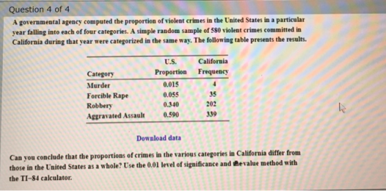 Question 4 of 4 A governmental agency computed the proportion of violent crimes in the United States in a particular year fal