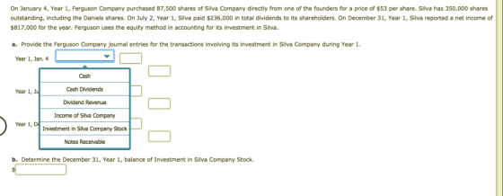 On January 4, Year 1, Ferguson Company purchased 87,500 shares of Silva Company directly from one of the founders for a price