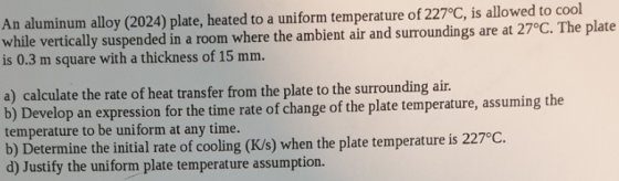 An aluminum alloy (2024) plate, heated to a uniform temperature of 227°C, is allowed to cool while vertically suspended in a