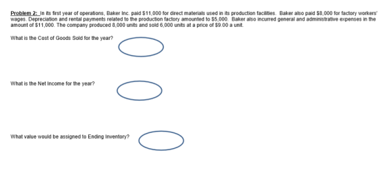 Problem 2: In its first year of operations, Baker Inc. paid $11,000 for direct materials used in its production facilities. B