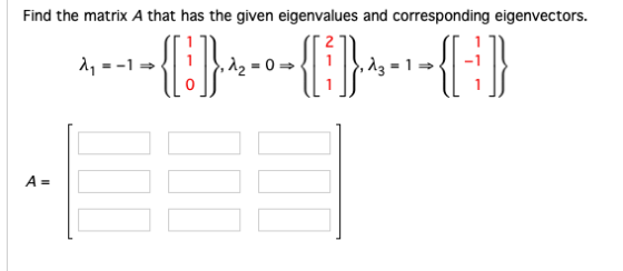 Find the matrix A that has the given eigenvalues and corresponding eigenvectors. 2 A=