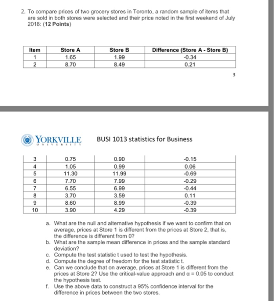 2. To compare prices of two grocery stores in Toronto, a random sample of items that are sold in both stores were selected an