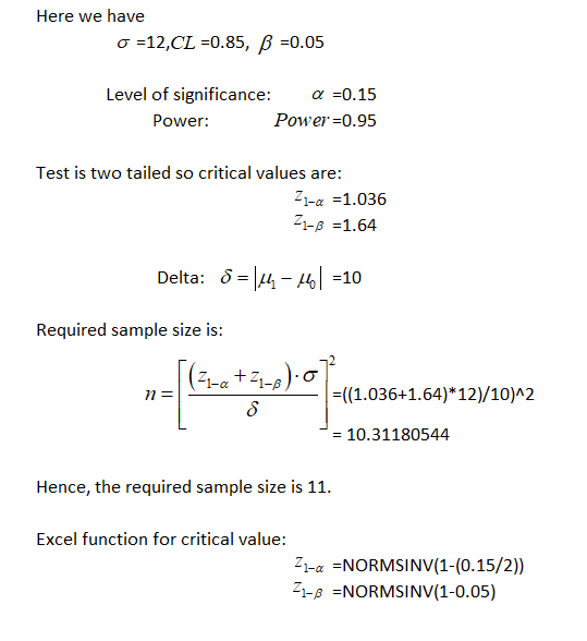 Here we have σ-12,CL-0.85, β-0.05 Level of significance: α-0.15 Power-0.95 Test is two tailed so critical values are: 1-a1.03