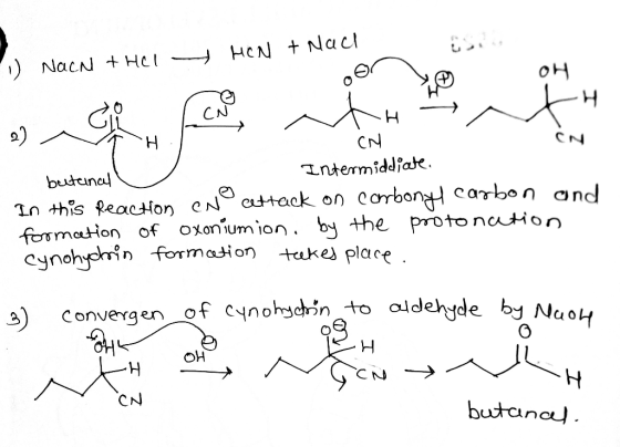 1 NacN + HCI OH H CN ntermiddfat butenal In this ReactHon eNattack on corbonyH carbon and. formation of oxoniumion. by +he pr