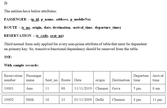 2) The entities have below attributes: PASSENGER-(p id, p name, addres, p mobileNo) ROUTE - (I no, origin, date, destination,