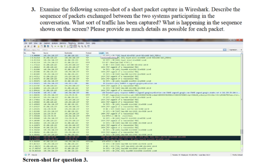 3. Examine the following screen-shot of a short packet capture in Wireshark. Describe the sequence of packets exchanged betwe