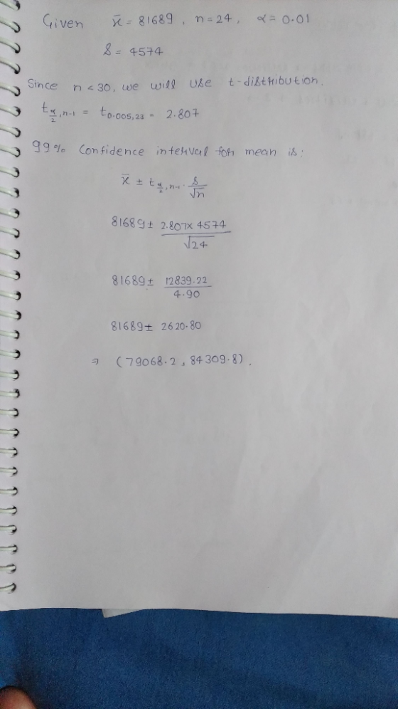 Given X81689 n-24, =0.01 84574 t-disthibution Since Use n<30, we will to.o0s, 23 2.807 99.9% Confidence intehVel foh mean is