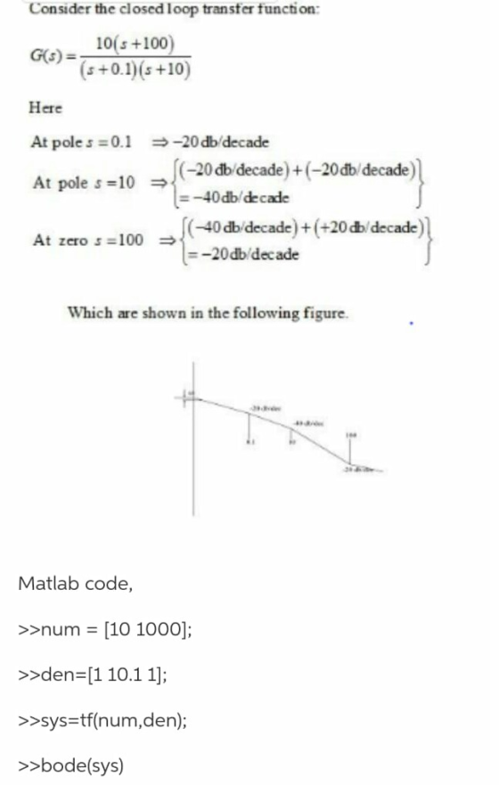 Consider the closed loop transter tunction: 10(s +100) Go0+10) G(s)- Here At poles = 0.1 -20 db/decade At pole s-10 (-20 db/d