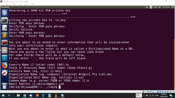 seed [Running) - Oracle VM VirtualBox File Machine View Input Devices Help Terminal Generating a 2048 bit RSA private key wri