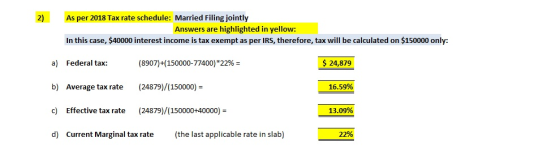 2) As per 2018 Tax rate schedule: Married Filing jointly Answers are high lighted in yellow: In this case, $40000 interest in