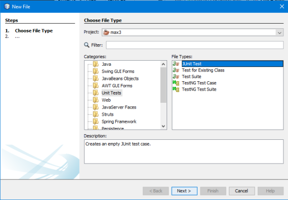 New File Choose File Type Steps Choose File Type 1. Project: max3 Filter: File Types: Categories: Unit Test Java Ju Test for