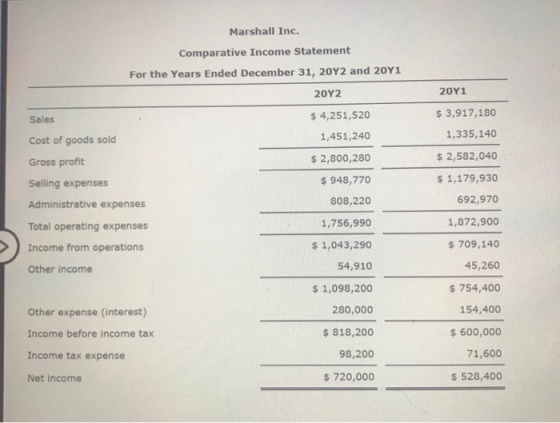Marshall Inc. Comparative Income Statement For the Years Ended December 31, 20Y2 and 20Y1 20Y1 20Y2 $ 3,917,180 $4,251,520 Sa