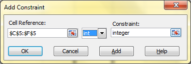 Add Constraint Cell Reference: Constraint: $C$5:$F$5 vinteger Cancel Add Help OK
