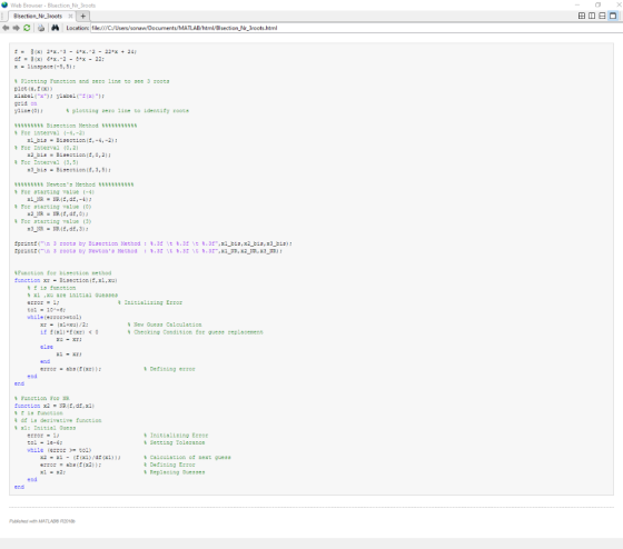 Web Browser - Blsection Nr 3roots Blsection Nr 3roots ← → 台 Location file ///C:/Users/sona /Documents MATLAB/html Bisection N