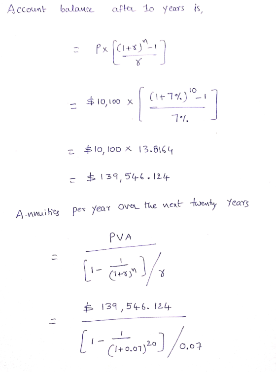 after 1o years is, Account balane (l+7%) X 10,100 x 13.8164 lo, loo 139,546. 124 A-nnuihts Per Year Ove the next twenty Year