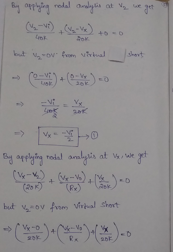 nodal analyks at V2 we et -V 2 +0 O 40k but oov from rtual short - Vi 0-Vx 4 20K Lok 20K Vx 2 amalyis at Vx we Boy applyg no