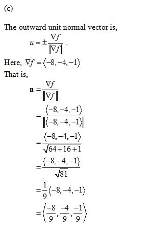 The outward unit normal vector is, Vf Here, Vf (-8,-4,-1) That is Vf n- 64+16+1 81