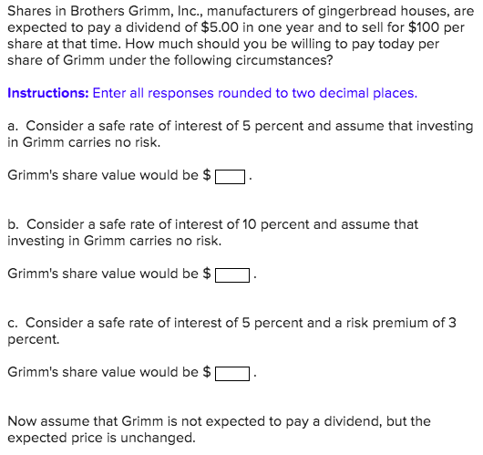 Shares in Brothers Grimm, Inc., manufacturers of gingerbread houses, are expected to pay a dividend of $5.00 in one year and