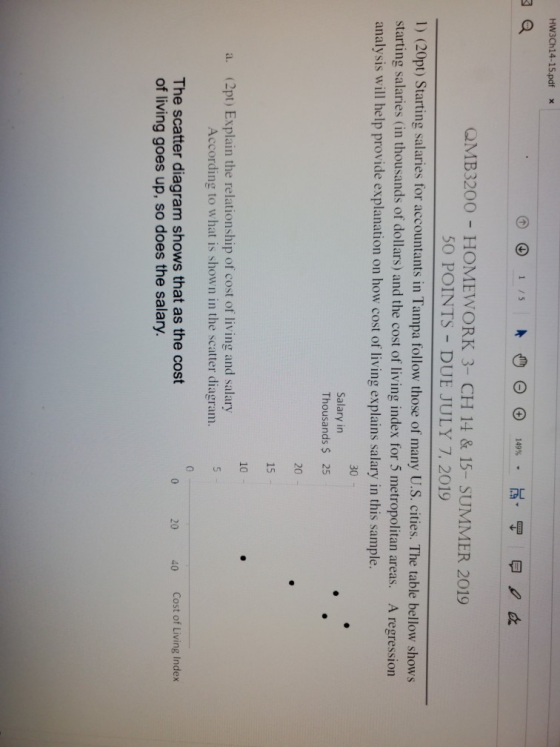 HW3CH14-15.pdf 1/5 149% QMB3200 -HOMEWORK 3-CH 14 & 15-SUMMER 2019 50 POINTS - DUE JULY 7, 2019 1) (20pt) Starting salaries f