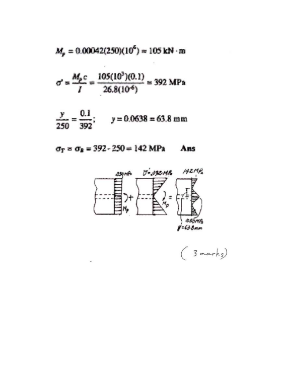 = 0.00042(250)( 10°)s 105 kN-m d-4c = 105( 10°)(0.1)= 392 MPa 50-0 ; T7 σα -392-250=142 MPa I 26.8(10) 0.1 y=0.0638-63.8 mm