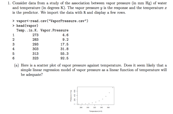 1. Consider data from a study of the association between vapor pressure (in mm and temperature (in degrees K). The vapor pres