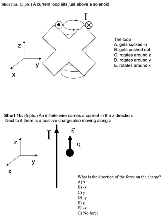 Short 1a: (5 pts.) A current loop sits just above a solenoid The loop A. gets sucked in B. gets pushed out C. rotates around