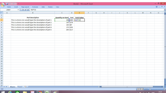 Microsoft Excel Book2 Home Insert Page Layout Formulas Data Review View f D3°C3 LINEST B A C D M N C 1 Total Value Part Descr