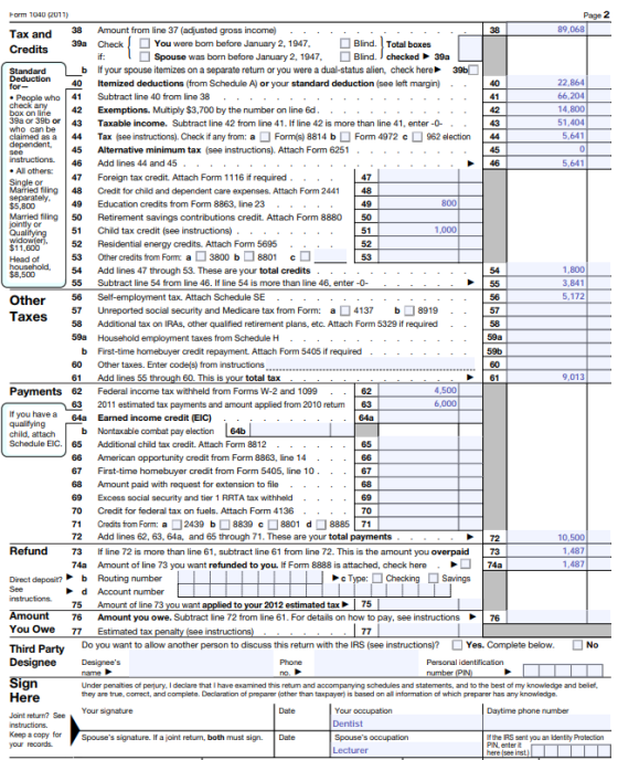 Page 2 orm 1040 (2011) 89,068 38 Amount from line 37 (adjusted gross income) 39a Check You were bom before January 2, 1947, B