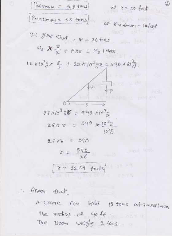 minimum= 5.3 tons 5o feet P-20 tons 0 long 26 22.6 Peets Grven -that A Cone Ca hold 13 tons adtqm alm The Boom we 2 tons