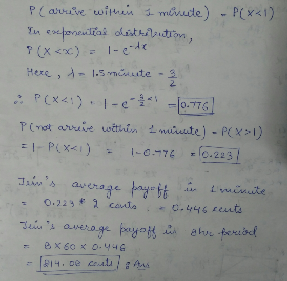 Here, A= 1.sminute 3 e-2 =10.776 PCnot arrive within tonurute)-P(X>1) o.229 * 잇 coda . = o. 446 cents