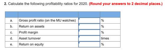 2. Calculate the following profitability ratios for 2020·(Round your answers to 2 decimal places.) a. Gross profit ratio (on