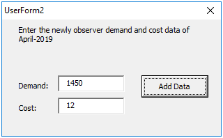 UserForm2 Enter the newly observer demand and cost data of April-2019 1450 Demand: Add Data 12 Cost: