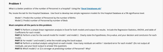 Problem 1 What is a better predictor of the number of Personnel in a hospital? Using the Excel Databases.xls file, locate t