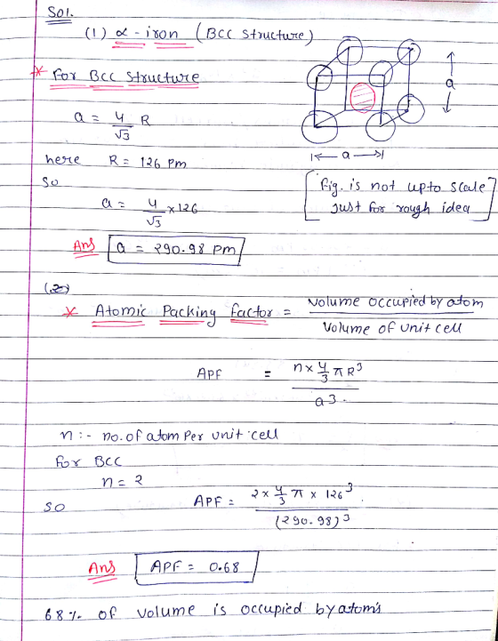 Sol (1 )一○.ison Stucture N3 here R^ .126 m. iS noi uptoSCole Atomự Packing tactor- Volume of unit ceu APf m no.of atom Pex vn