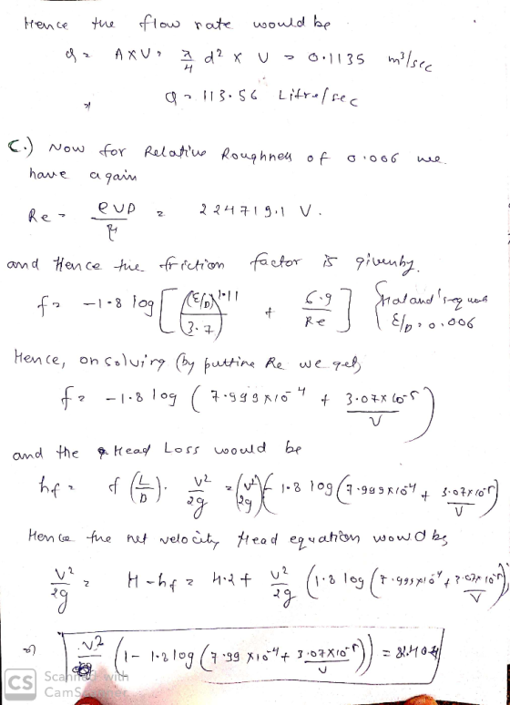 flow rate Men ce would be AXU mlsec O1135 13. SG C Now for Relatiu Rouphney o f hare qain factor and Hen ce tue rcHon log -1