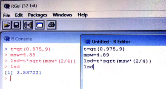 RGui (32-bit) File Edit Packages Windows Help 回回圜回圈 R Console ru Untitled-R Editor 晁 > t=qt (0 . 975, 9) mSw4.89 t-qt (0.975,